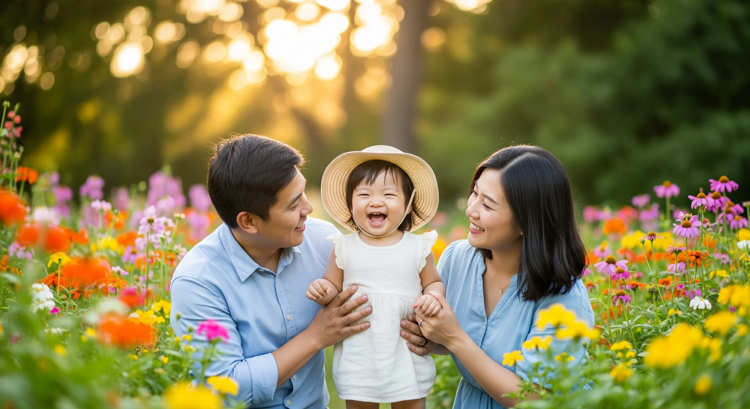 Bé gái đội mũ cười tươi vui cùng gia đình ở khu vườn.