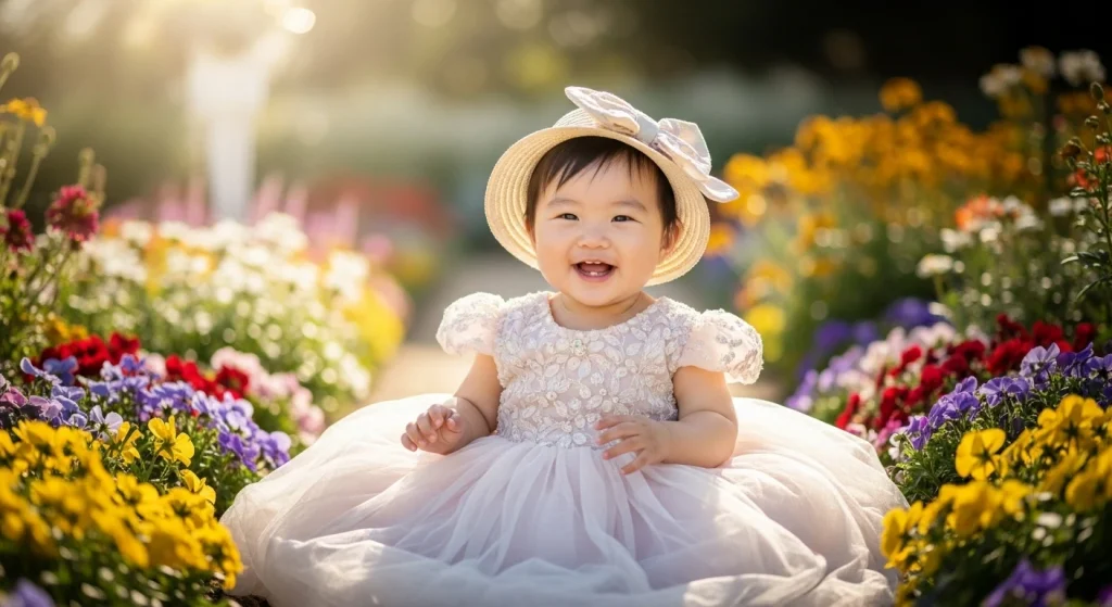Bé gái trong khu vườn, mặc váy công chúa và đội mũ đính nơ.
