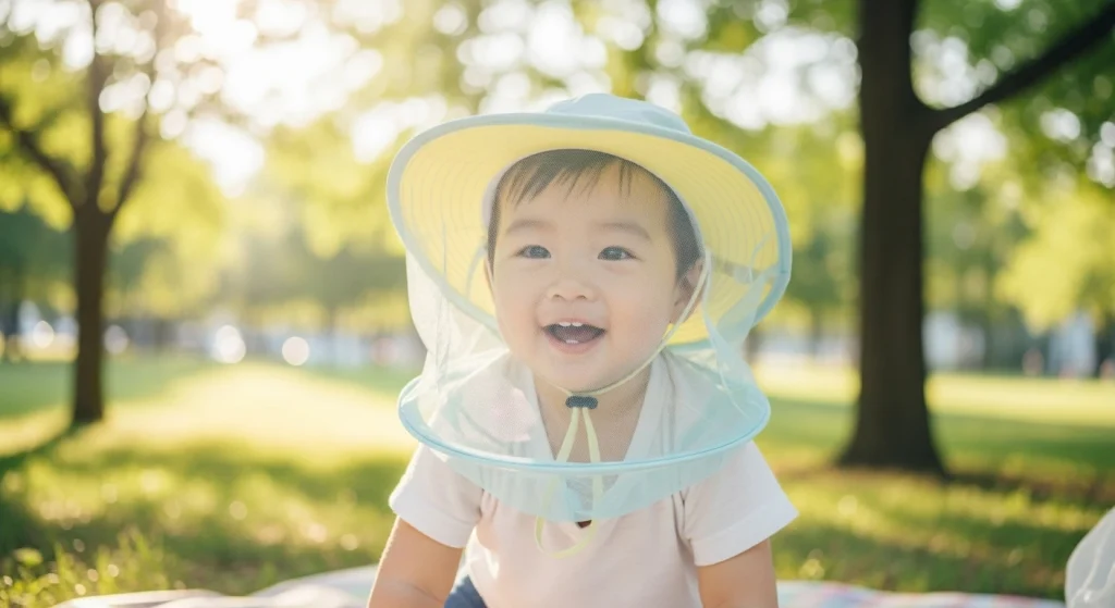 Bé đội mũ lưới chống muỗi vui chơi trong công viên.