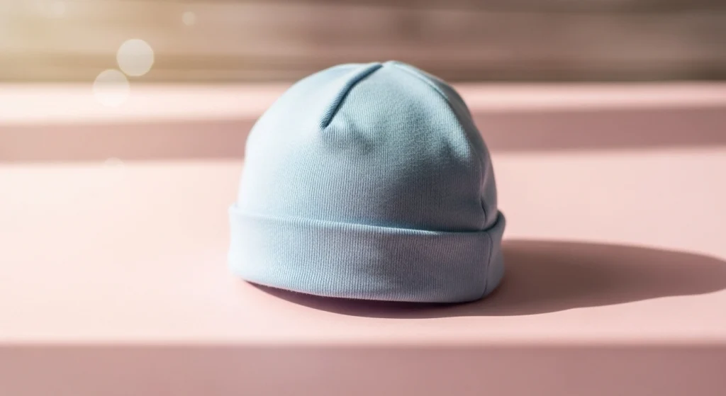Mũ sơ sinh bằng cotton nằm trên nền pastel