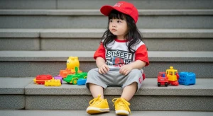 Bé gái trong bộ đồ streetwear đầy màu sắc với mũ đỏ và sneakers vàng