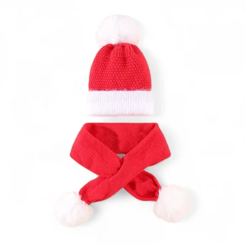 Bộ mũ len và khăn quàng Giáng Sinh đính quả bông Pompom