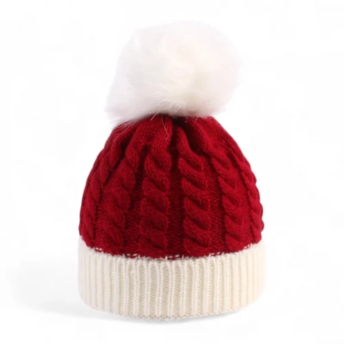 Mũ len Giáng Sinh họa tiết dệt xoắn đính quả bông