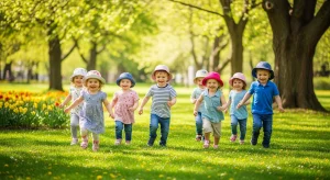 Trẻ đội mũ dã ngoại chơi trong công viên