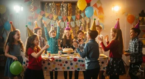 Trẻ em vui chơi với mũ party tại một bữa tiệc