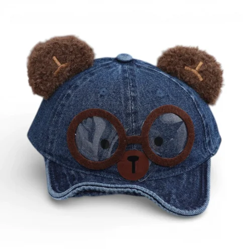 Mũ lưỡi trai mềm Denim Gấu đeo kính tai lông xù cho bé gái