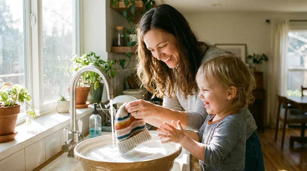 Mẹ và con trai đang giặt mũ len