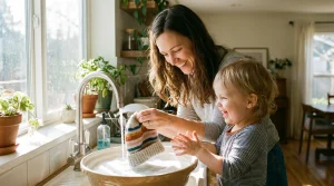 Mẹ và con trai đang giặt mũ len