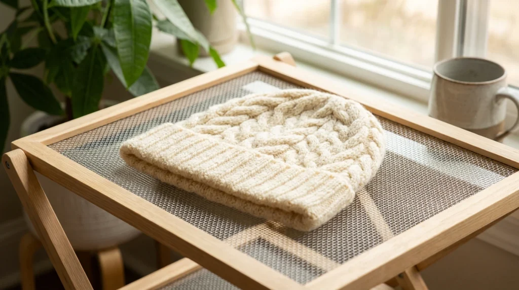 Mũ len phơi trên giá phơi